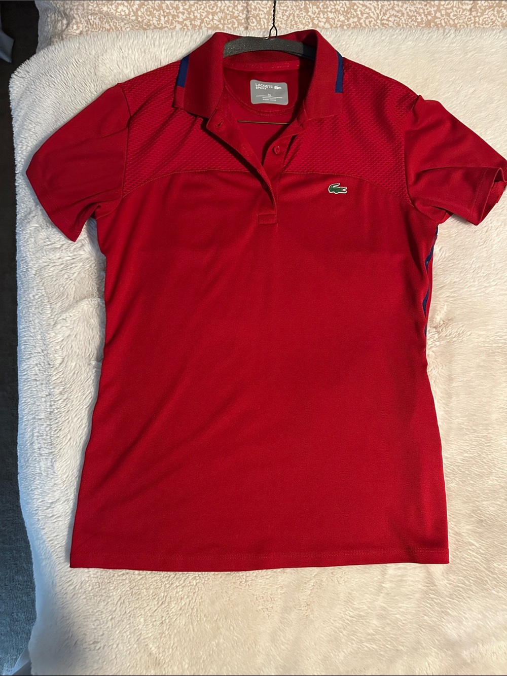 Lacoste Red Short-Sleeve Button-Down Polo with Navy Trim